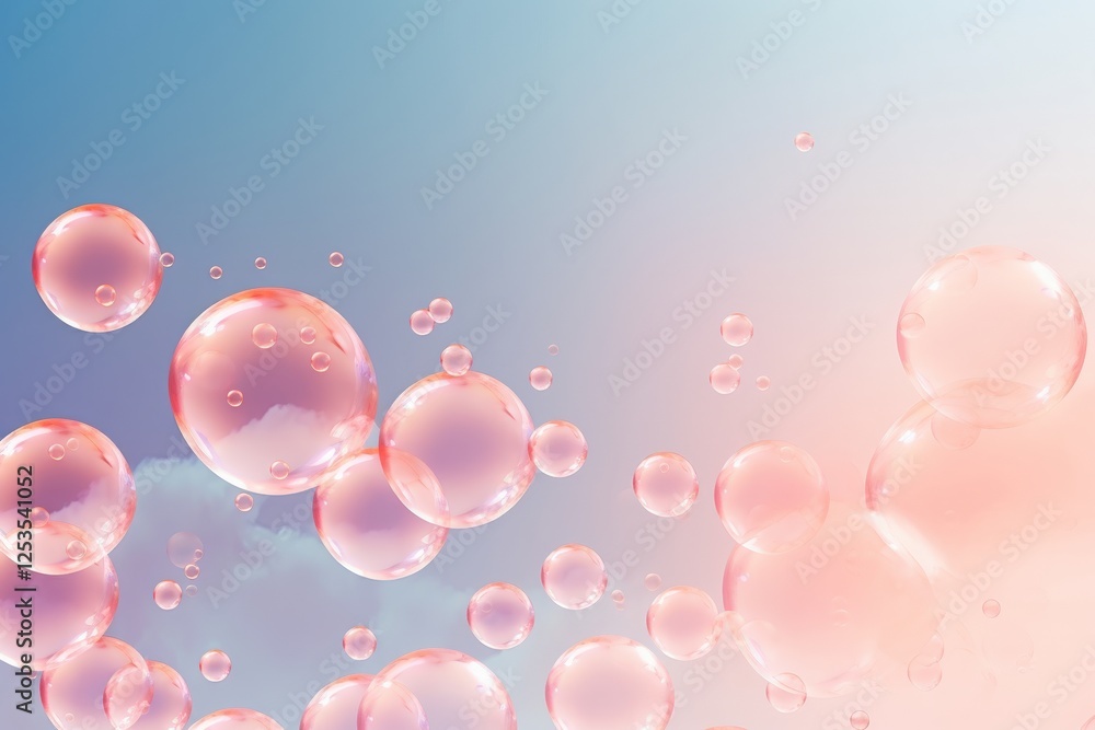 Poster soft pastel background with various floating bubbles in light pink and blue colors creating a whimsi