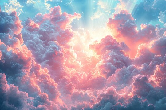 Sunbeams bursting through vibrant pink and grey clouds in a dramatic sky