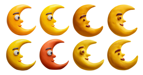 Cute and Playful Cartoon Moons with Faces in Bright Colors, isolated on transparent background