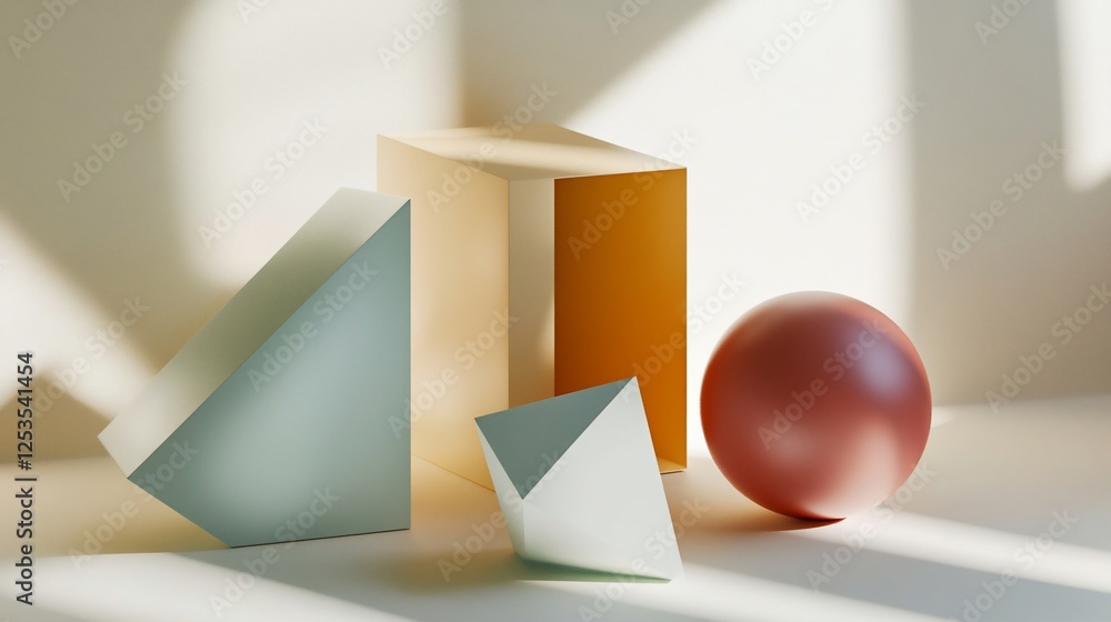 Poster geometric shapes in soft colors with natural light and shadows on a plain background