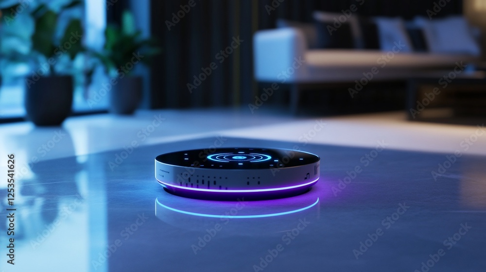 Poster modern smart home hub device with futuristic glowing design on a reflective surface