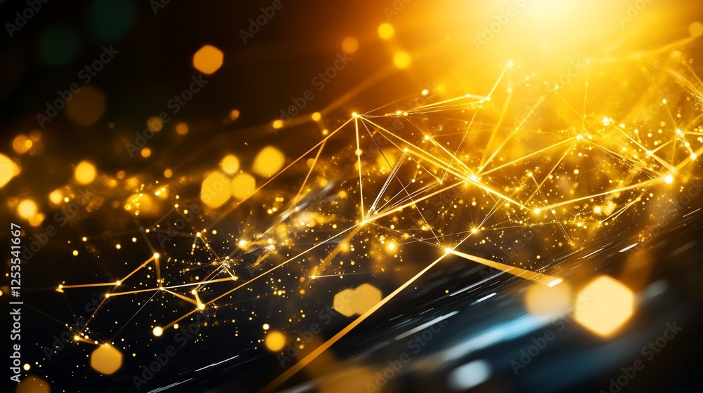 Poster abstract golden network connecting points of light against a dark background