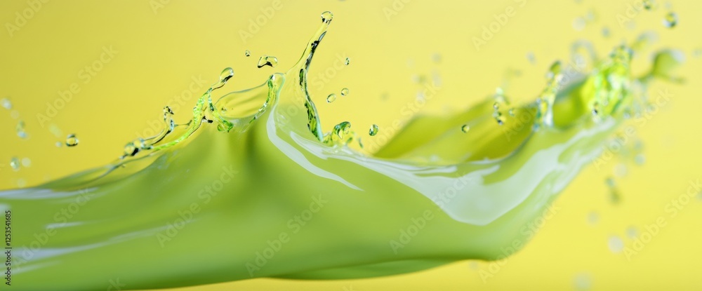 Poster fluid motion showcases vibrant green splash against a bright yellow background in a dynamic artistic