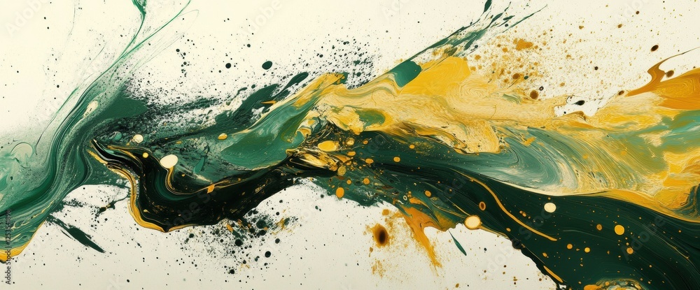 Poster swirling shades of green and gold create an abstract artwork with dynamic movement and vibrant energ
