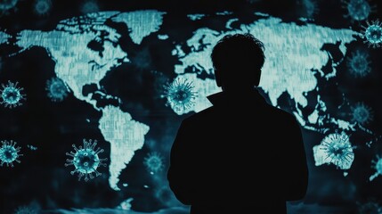 Close-up of a hacker silhouette in front of a world map with virus icons spreading, binary code overlay, isolated on black background, copy space for technology vulnerability theme. 