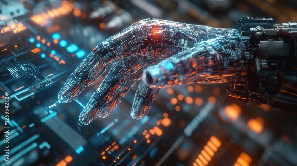 Poster advanced robotic hand engaging with a high tech digital interface, showcasing intricate circuit patt