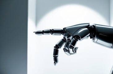Fototapeta premium Robot hand close-up. Finger pointing isolated. White background, detailed texture, metallic sheen. Tech AI futuristic.