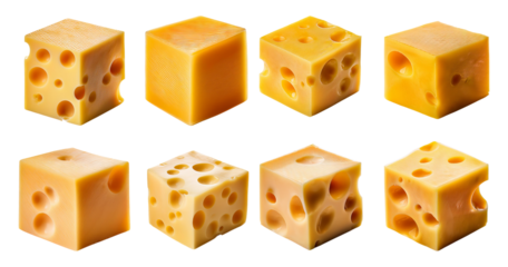 Various Cubes of Yellow Cheese with Holes on White Background, isolated on transparent background