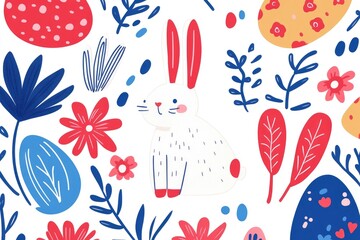 Whimsical Bunny and Floral Pattern in Vibrant Colors for Kids' Designs