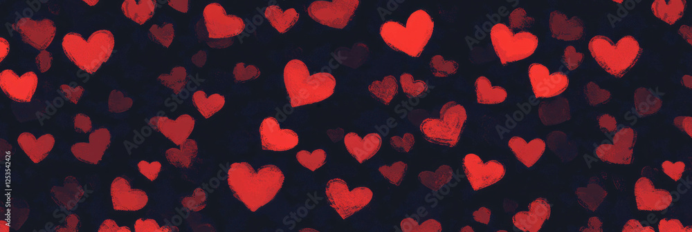 Poster seamless pattern showcasing variously sized hearts scattered across a dark background