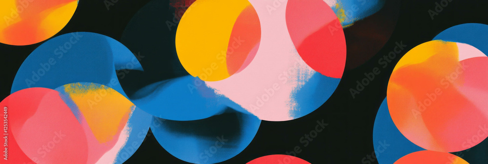 Poster Colorful seamless pattern of overlapping circles and shapes on a dark background