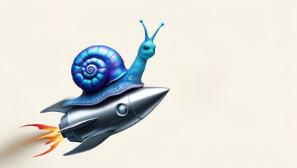 Naklejka premium Snail on a rocket. Patience vs. speed. Funny quirky conceptual imagery.