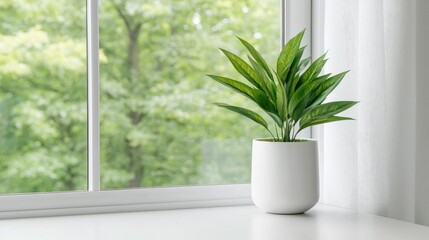 Indoor plant pot, window, green trees, sunlight, home decor