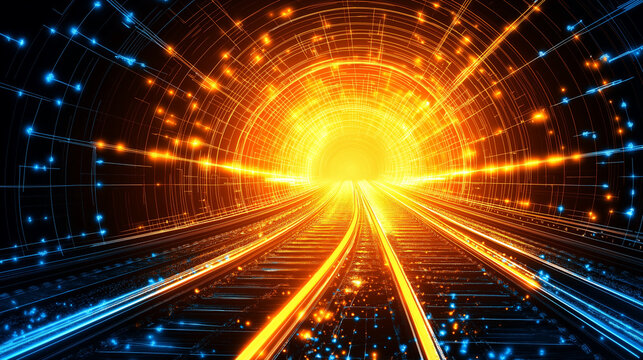 Digital Railroad: Journey into the future. A vibrant, futuristic tunnel glows with energy, dual tracks stretching towards a radiant, bright light at the end, symbolizing innovation and progress.