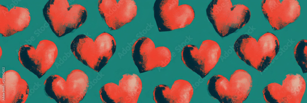 Poster Seamless pattern of large hearts in rows and columns on a teal background