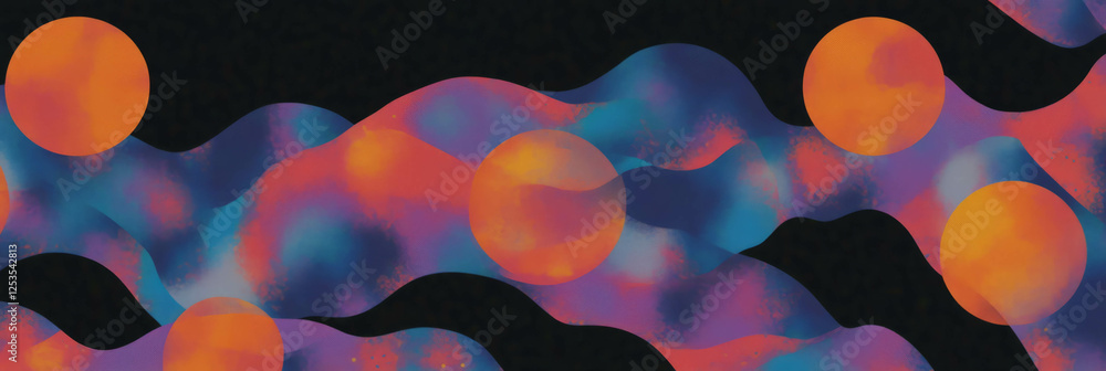 Poster Seamless pattern of small colorful circles arranged in a wave-like design on a dark background