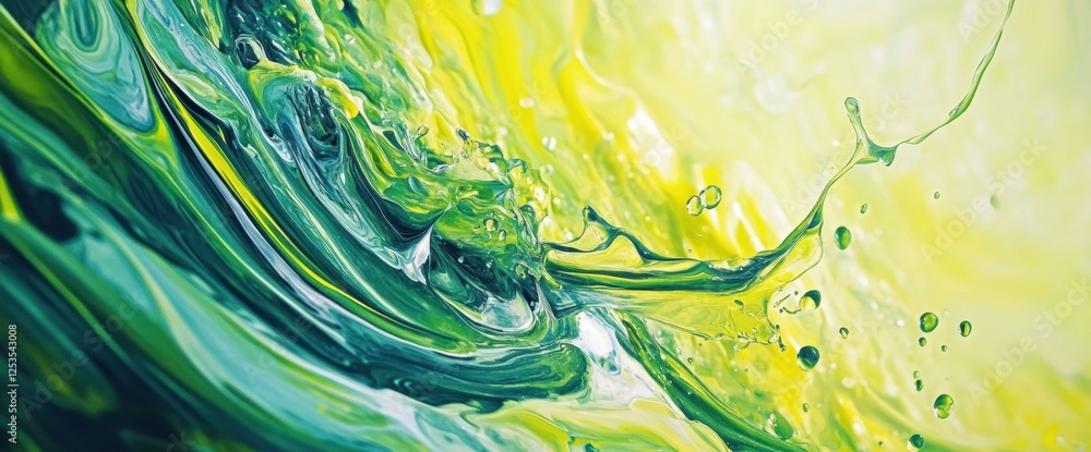 Poster colorful abstract wave of green and yellow paints flowing dynamically across the canvas in modern ar
