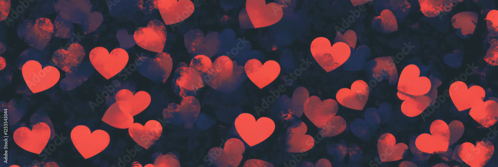 Poster seamless pattern of scattered hearts on a dark background for creative projects