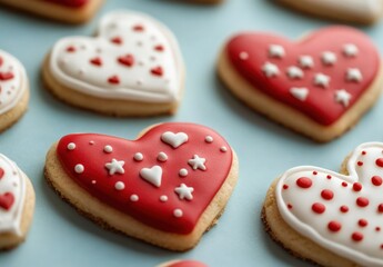 Close up view of heart shaped cookies, decorated with white and red icing patterns, arranged on a light blue surface. The cookies are various shades of red and white with different patterns. The