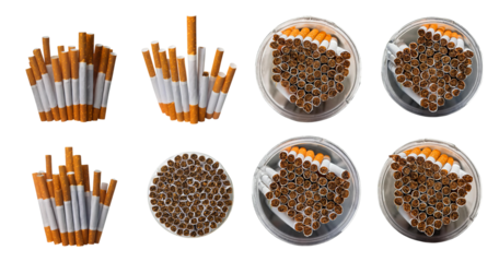 Packs of cigarettes arranged on table for smoking habits concept, isolated on transparent background