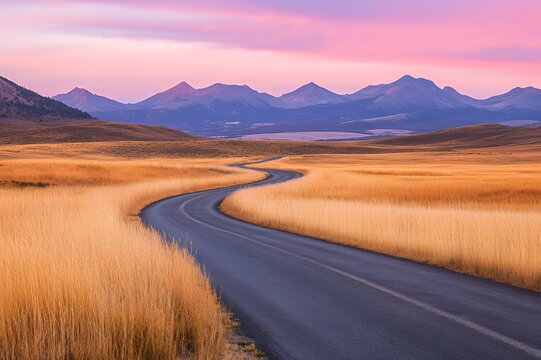 Winding Road Through Golden Grasslands Under Pink Mountains