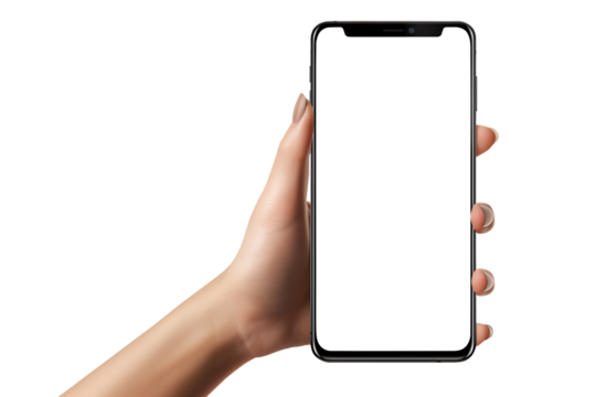 Hand holding a smartphone. Transparent mobile screen mockup
