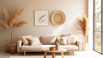 Beige Fabric Sofa in Cozy Living Room with Natural Decor and Soft Lighting for Serene Home Ambiance