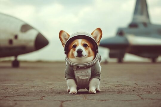 Corgi wearing astronaut uniform standing on airport runway near spacecraft, representing interstellar pet exploration concept