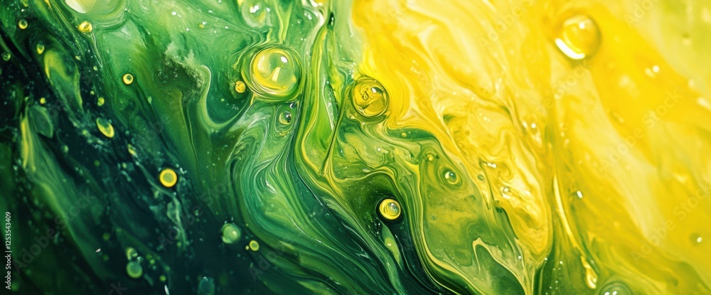 Poster colorful abstract art depicting swirls of green and yellow fluidity creating a vibrant, dynamic comp