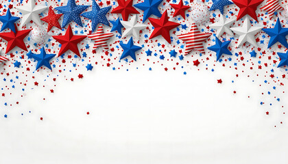Fototapeta premium Fourth of July design, border for celebrating the 4th of July, Independence Day decorations featuring confetti stars in the colors of the USA Country, on neutral background
