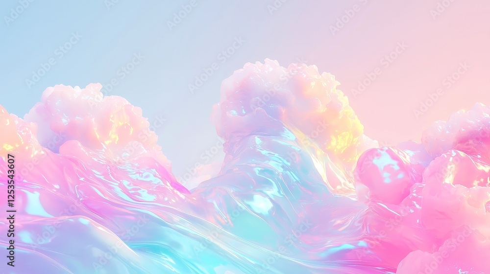 Poster opal clouds, swirling formations of white and iridescent hues stretch across the endless sky, creati