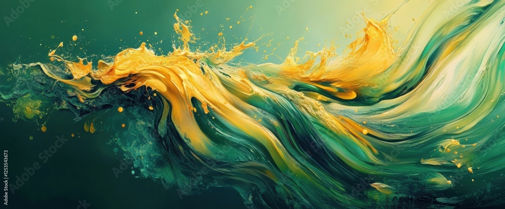 Poster colorful abstract fluid art with vibrant greens and yellows creating dynamic movement and energy. ge