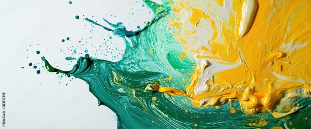 Poster colorful abstract art with green and yellow paint swirls and splashes on a white background in a cre