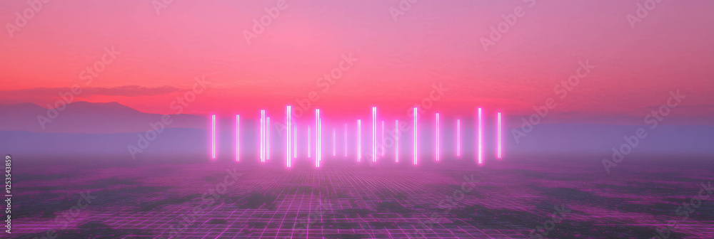 Poster retro futuristic pink sunset with neon grids and geometric patterns across the landscape