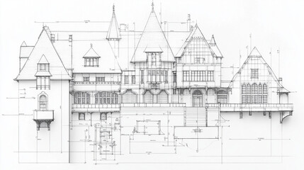 Fototapeta premium Grand Estate Architectural Blueprint: Detailed blueprint showcasing an elegant, multi-level estate with intricate architectural details, including multiple gables, balconies, and a large footprint.