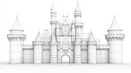 Castle Sketch: A detailed sketch of a majestic fairytale castle with multiple towers, arches, and a grand entrance, capturing a whimsical and enchanting sense of wonder and dreams.