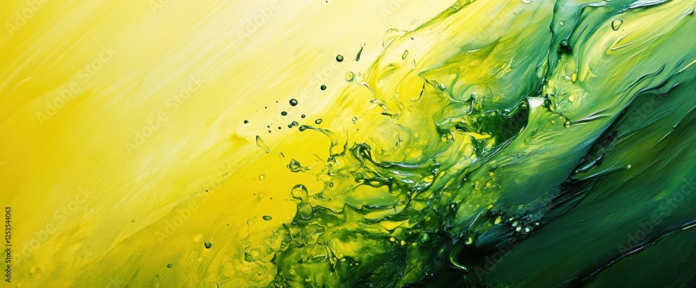 Poster vibrant abstract artwork depicting green and yellow fluid dynamics in an energetic wave pattern. gen