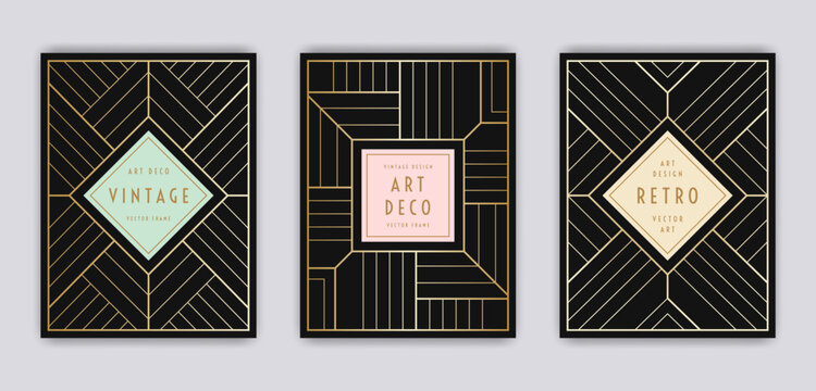 Art Deco vintage style frame set. Retro geometric outline decorations on the dark background. Black cards geometry design. Linear coloured elements. EPS 10 vector illustration.