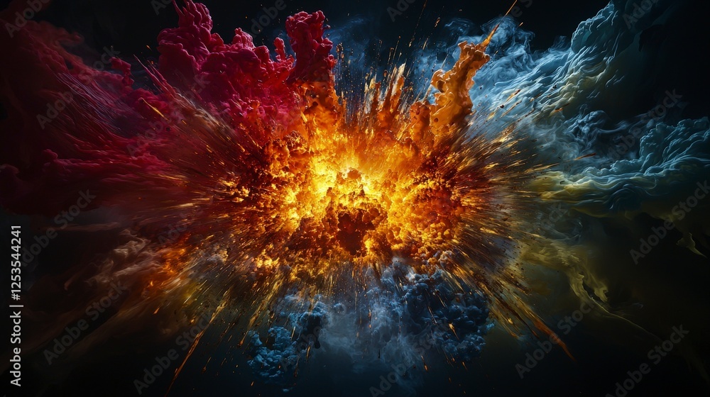 Poster dynamic eruption of vibrant colors simulating a volcanic explosion abstract art digital dark backgro