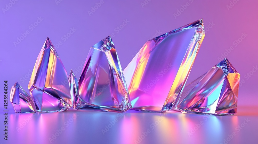 Poster iridescent crystal shards arranged in a row with a purple and pink background