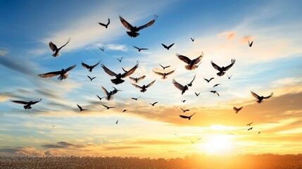 Obraz premium Flock of birds synchronized flying at sunset nature scene aerial view serene environment natural beauty