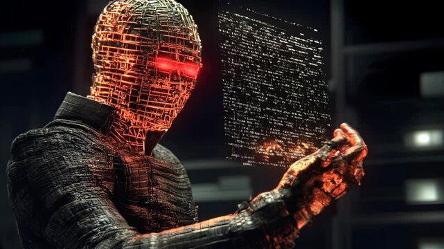 Cybernetic Robot Analyzes Digital Data: Futuristic AI Concept - Abstract Tech Background Animation Video