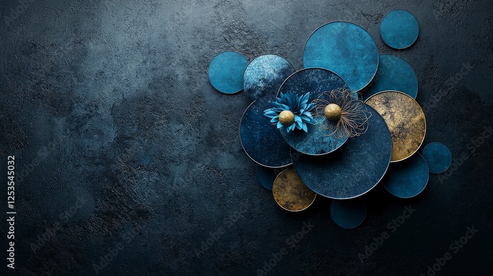 Poster modern digital artwork artistic arrangement of textured circular shapes in an aesthetic studio desig