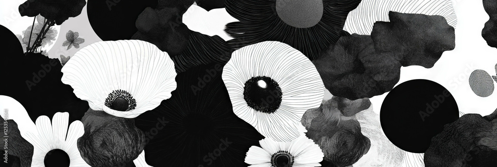 Poster intricate circular pattern of abstract flowers featuring varied african textures in black and white
