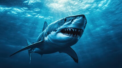 Fototapeta premium Aggressive Great White Shark Swimming Underwater in Ocean Environment