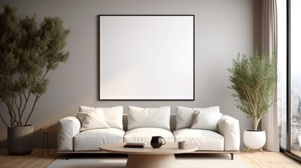 Elegant Living Room Mockup Featuring a Blank Poster Frame, Cozy Sofa, Modern Decor, and Lush Greenery for Stylish Interior Design Inspiration