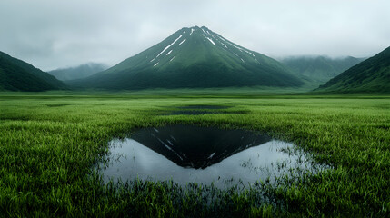 Fototapeta premium Symmetrical mirror image of a green volcanic mountain peak in a small water pool amidst a lush grassy meadow under an overcast sky.