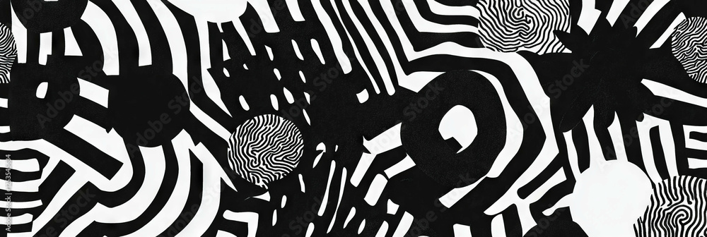 Poster intricate black and white interlocking floral pattern with african textures and lines