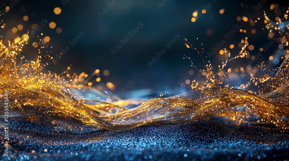 Poster Shimmering golden abstract light waves dark background visual art studio setting close-up view illuminating beauty