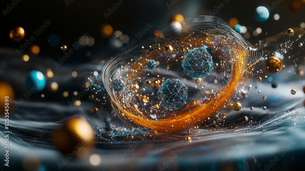 Poster Dynamic geometric forms spinning in orbital paths abstract space digital art cosmic environment close-up view